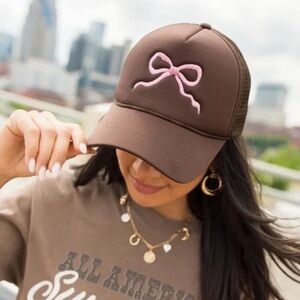 Pink Lily Bow Embroidered Trucker Hat in Pink and Brown New